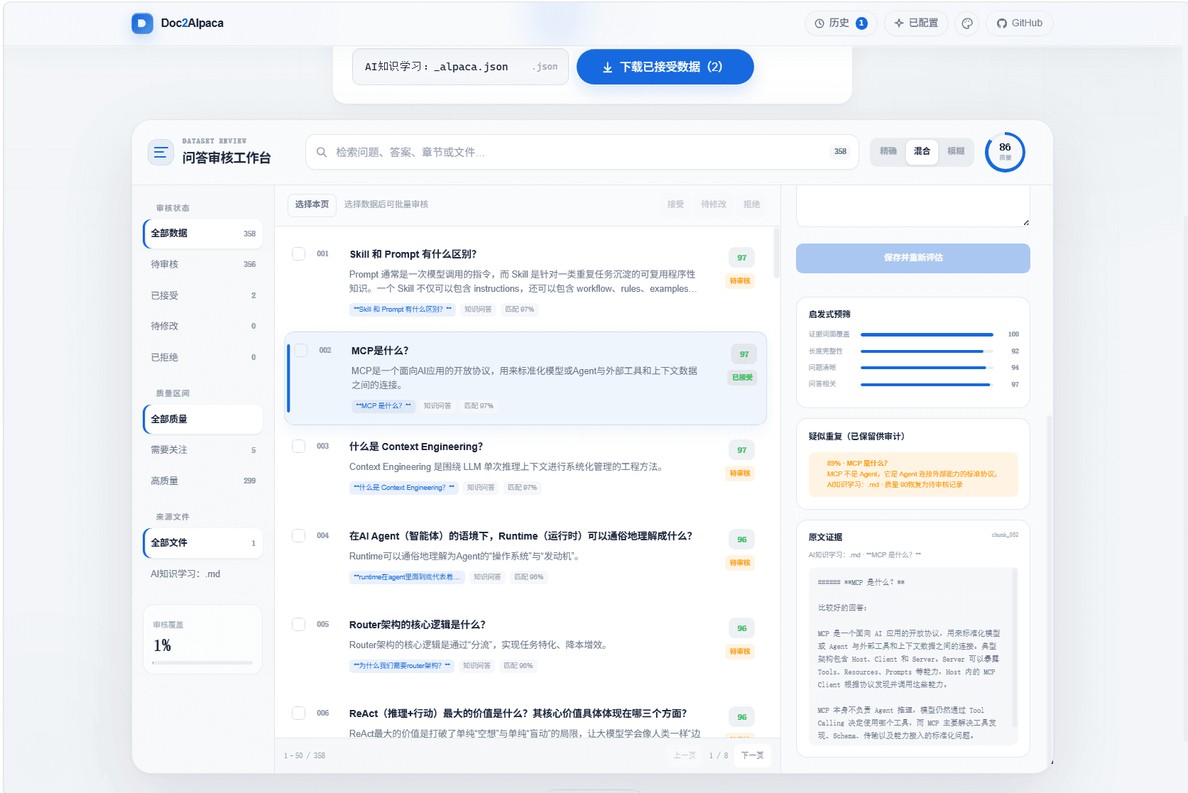 Doc2Alpaca 问答审核工作台显示原文证据和质量指标的真实网页截图