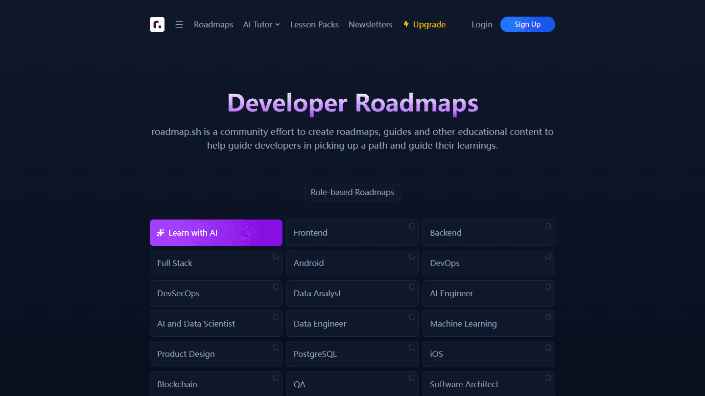roadmap.sh 网站的真实首页截图